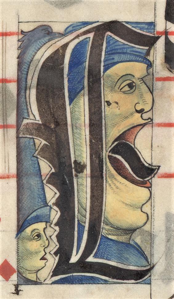3---Lettrine-enluminee---Un-E-agremente-de-grotesques-dessin-de-personnage-etrange